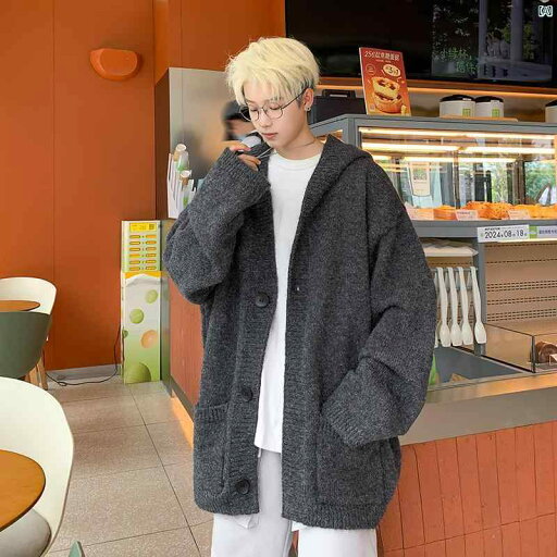 メンズ コーデ ファッション ダーク グレー フード付き カーディガン セーター メンズ 秋冬 新 ジャケット メンズ コーデ ファッション ダーク グレー フード付き カーディガン セーター メンズ 秋冬 新 ジャケット