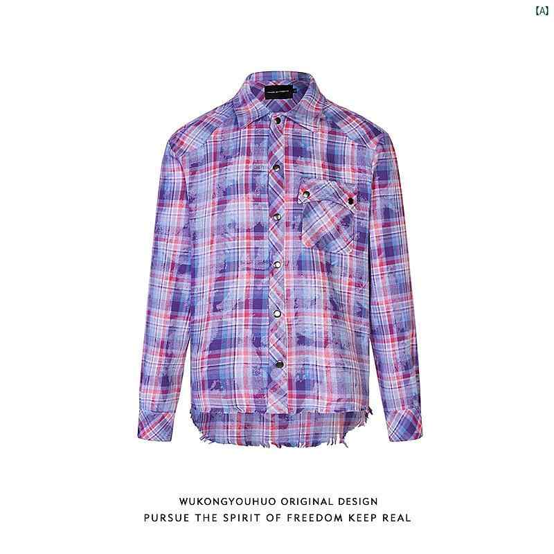 メンズ　コーデ　ファッション　春　秋　夏 Wukong アメリカ ストリート デストロイ チェック柄 長袖 シャツ 男性用 レディース 取り揃えて す クリーン フィット カジュアル