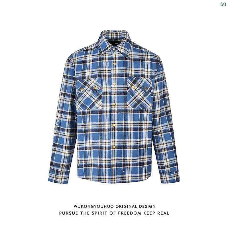 メンズ　コーデ　ファッション　春　秋　夏 Wukong アメリカ ストリート ブルー 長袖 起毛 シャツ メンズレディース レトロ ルーズ ジャケット す