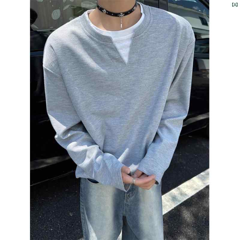 メンズ　ファッション　コーデ　秋　冬コーデ ワッフル フェイク 2点 長袖 Tシャツ メンズ 秋 肩 パッド コート クリーン フィット ヘビーウェイト アメリカン スウェットシャツ(4)