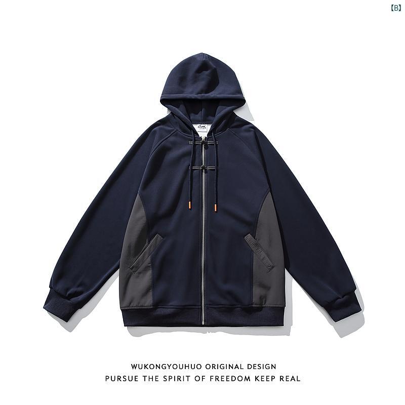 メンズ　コーデ　ファッション　春　秋　夏 Wukong レトロ カラー スプライシング カーディガンフード付き スウェットシャツ メンズレディース 秋 カップル ジャケット