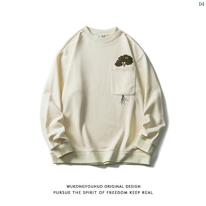 メンズ　コーデ　ファッション　春　秋　夏 Wukong 秋 レトロ タオル 刺繍 ラウンドネック スウェット..