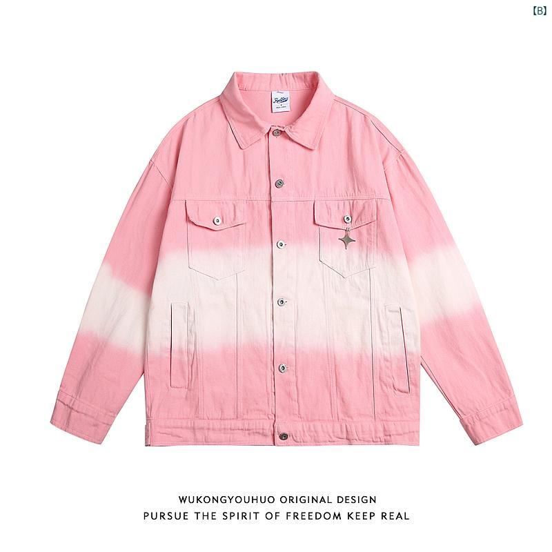 メンズ　コーデ　ファッション　春　秋　夏 Wukong メンズレディース アメリカン グラデーション ピンク デニム ジャケット レトロ ルーズ カップル カジュアル