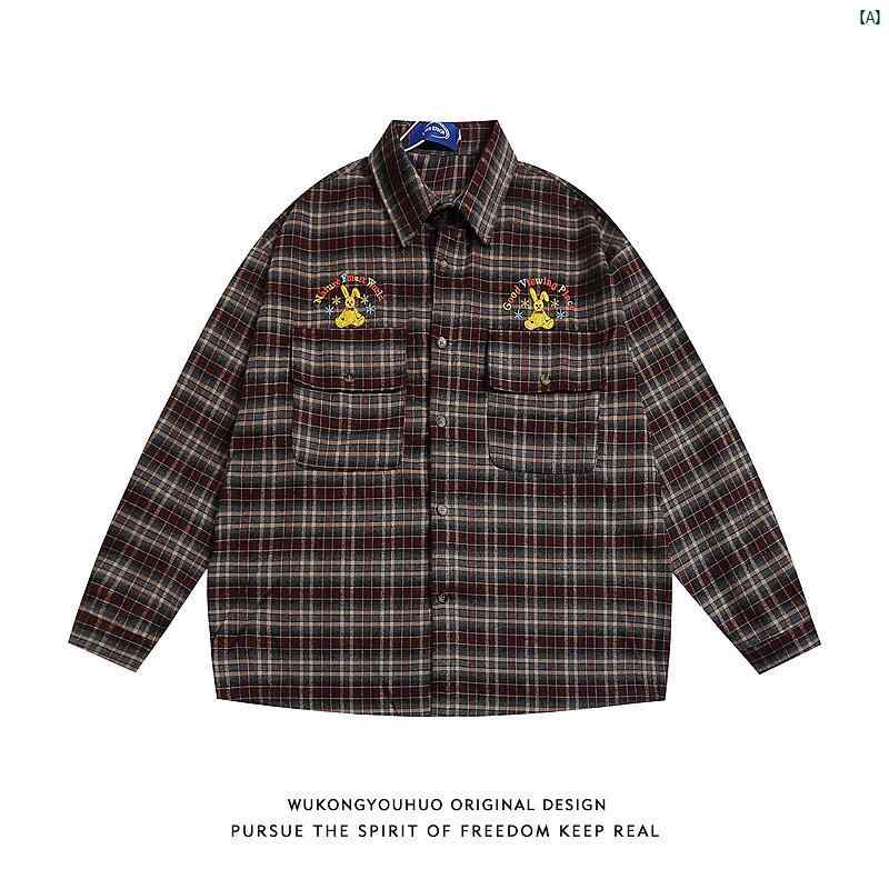 メンズ　コーデ　ファッション　春　秋　夏 Wukong レトロ 刺繍 チェック柄 長袖 シャツ メンズレディ..