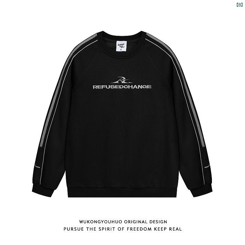 メンズ　コーデ　ファッション　春　秋　夏 Wukong アメリカン レトロ ウェビング スプライシング スポーツ スウェットシャツ メンズ ナショナル ファッション ストリート カジュアル カップル プルオーバー