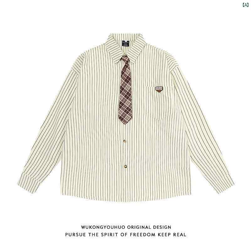 メンズ　コーデ　ファッション　春　秋　夏 Wukong レトロ 縦 ストライプ ネクタイ 長袖 シャツ メンズ..