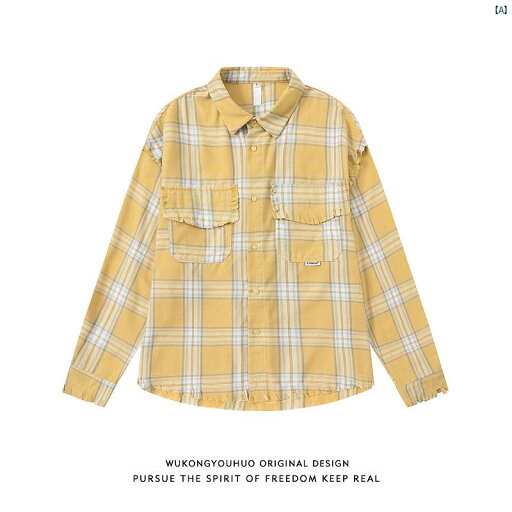 メンズ コーデ ファッション 春 秋 夏 Wukong アメリカン レトロ 破壊 タッセル 長袖 シャツ メンズ 秋 チェック柄 メンズ コーデ ファッション 春 秋 夏 Wukong アメリカン レトロ 破壊 タッセル 長袖 シャツ メンズ 秋 チェック柄