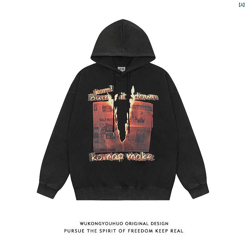 メンズ　コーデ　ファッション　春　秋　夏 Wukong アメリカン ストリート フレイム プリント フード付..
