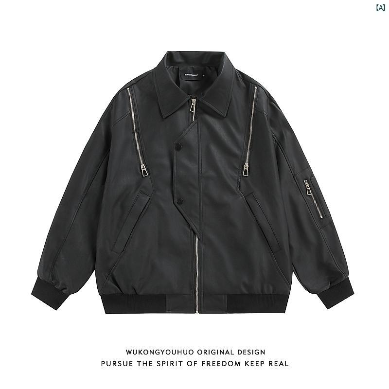 メンズ　コーデ　ファッション　春　秋　夏 Wukong アメリカン ストリート 分解 ジッパー オートバイ レザー ジャケット メンズ レトロ ボン バー