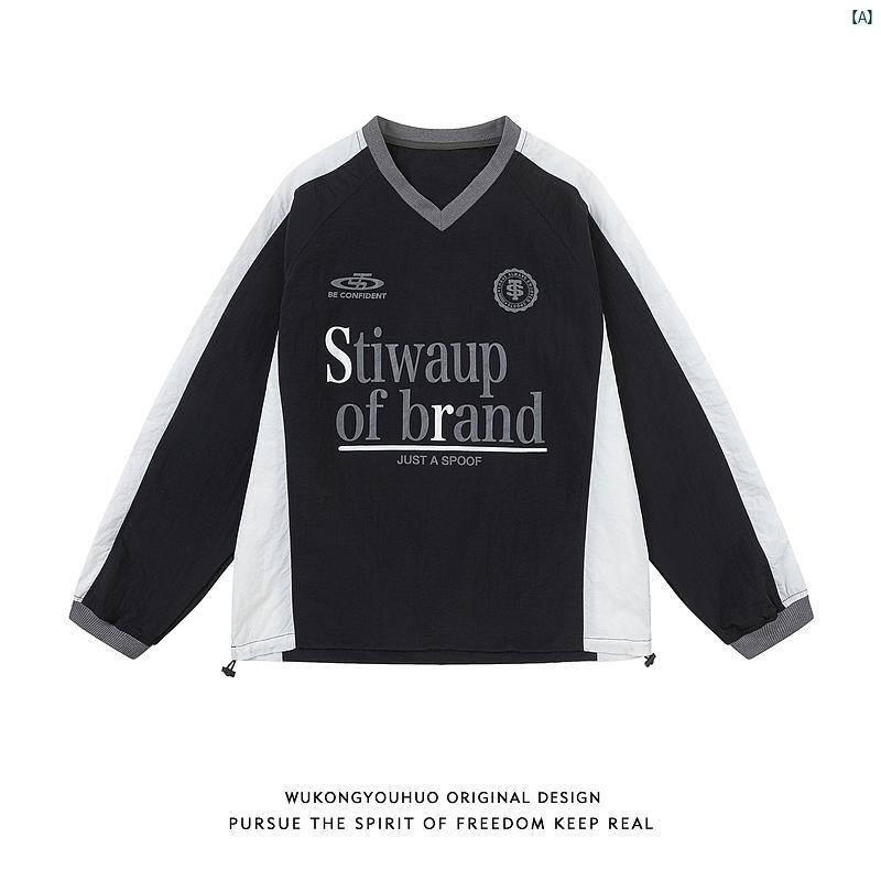 メンズ　コーデ　ファッション　春　秋　夏 Wukong アメリカン レトロ カラー Vネック スポーツ プルオーバー トップス メンズレディース 秋 汎用性 高さ カジュアル 長袖 す