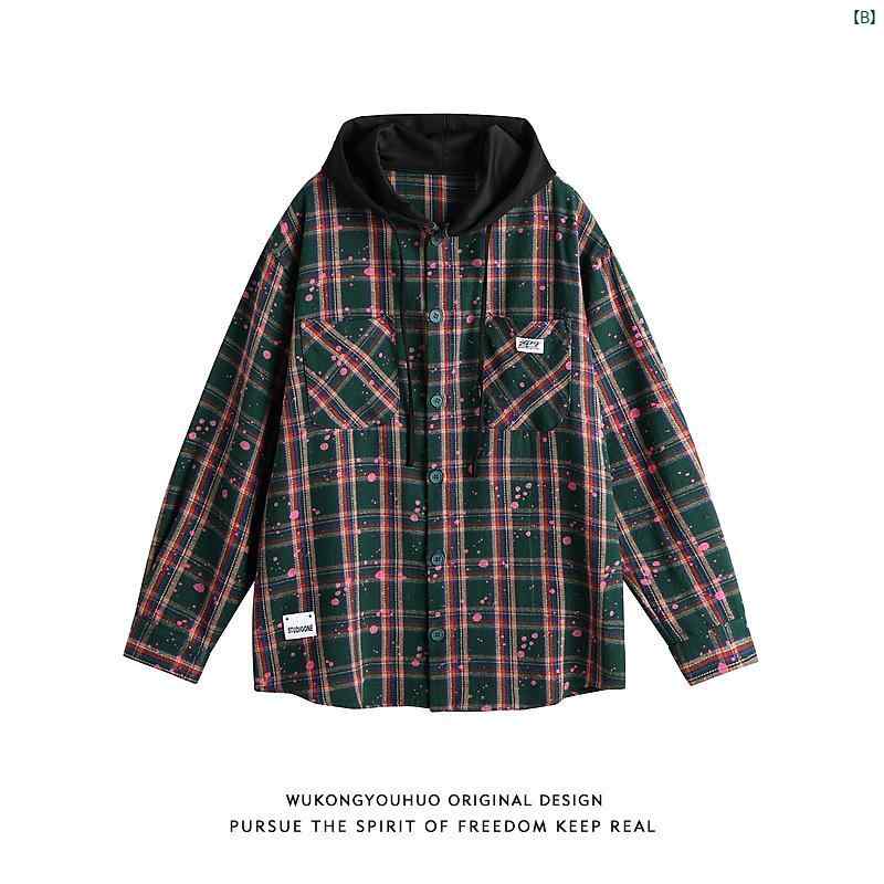 メンズ　コーデ　ファッション　春　秋　夏 Wukong 秋 フェイク 2点 フード付き チェック柄 シャツ ジャケット メンズ アメリカン レトロ