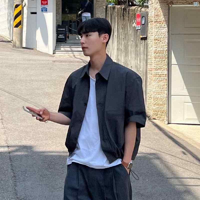 メンズ　コーデ　ファッション　春　秋　夏 Bishe 夏 七分袖 シャツ 韓国 ハイエンド 無地非 アイロン マイクロ カジュアル 巾着 カーディガン 男性(4)