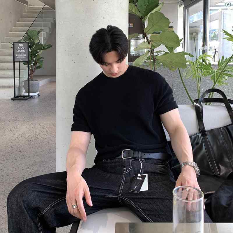 メンズ　コーデ　ファッション　春　秋　夏 Bishe ニット セーター 半袖 薄手 通気性 韓国 ラウンドネック トップ カジュアル 夏 ハイエンド Tシャツ