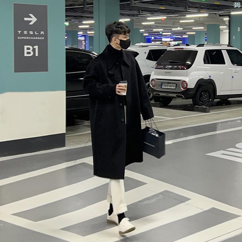 メンズ　コーデ　ファッション　春　秋　夏 Bishe 無地 厚手 韓国 メンズ ウインドブレーカー カジュアル シングルブレスト バック スリット 春 新 ウール コート