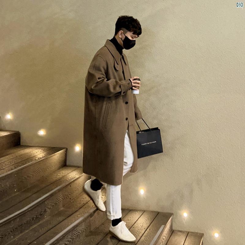 メンズ　コーデ　ファッション　春　秋　夏 Bishe 無地 厚手 韓国 メンズ ウインドブレーカー カジュアル シングルブレスト バック スリット 春 新 ウール コート