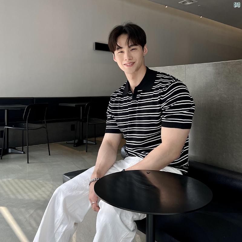 メンズ　コーデ　ファッション　春　秋　夏 Bishe 韓国 メンズシャツ カジュアル ストライプ プルオーバー ポロシャツ イン 夏 半袖 セーター Tシャツ(4)