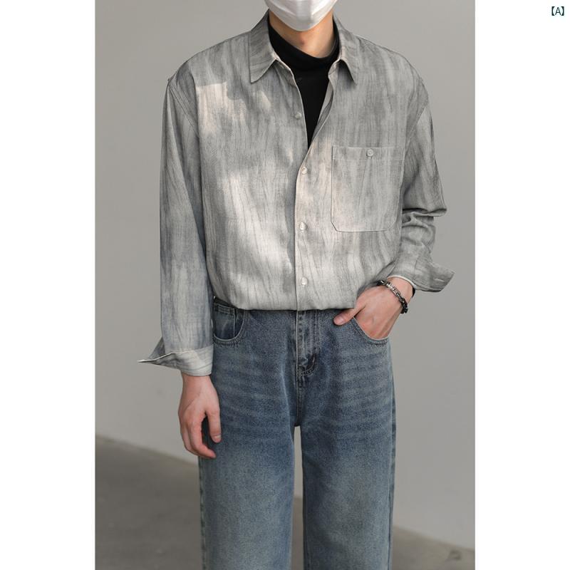 メンズ　コーデ　ファッション　春　秋　夏 ハイエンド 韓国 アイロン 不要 長袖 シャツ メンズ 秋 トップ グラデーション ウォッシュ タイダイ柄