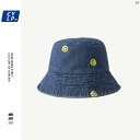 ユニセックス 帽子 小物 シンプル スマイリーフェイス 刺繍 デニム フィッシャーマン ハット レディース レトロ バケット 韓国 春夏 日焼け防止 帽子 男性