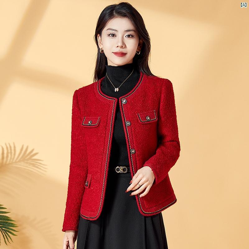 レディース ファッション コーデ 春秋 レディース レッドパープル 高級 小柄 香り ジャケット 春秋 ショート トップ