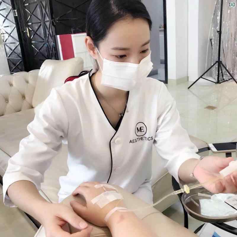 タトゥー 刺繍入り レディース 美容師 作業着 半袖 ミドル スリーブ スキン ケア ホワイト 衣 ネイルア..