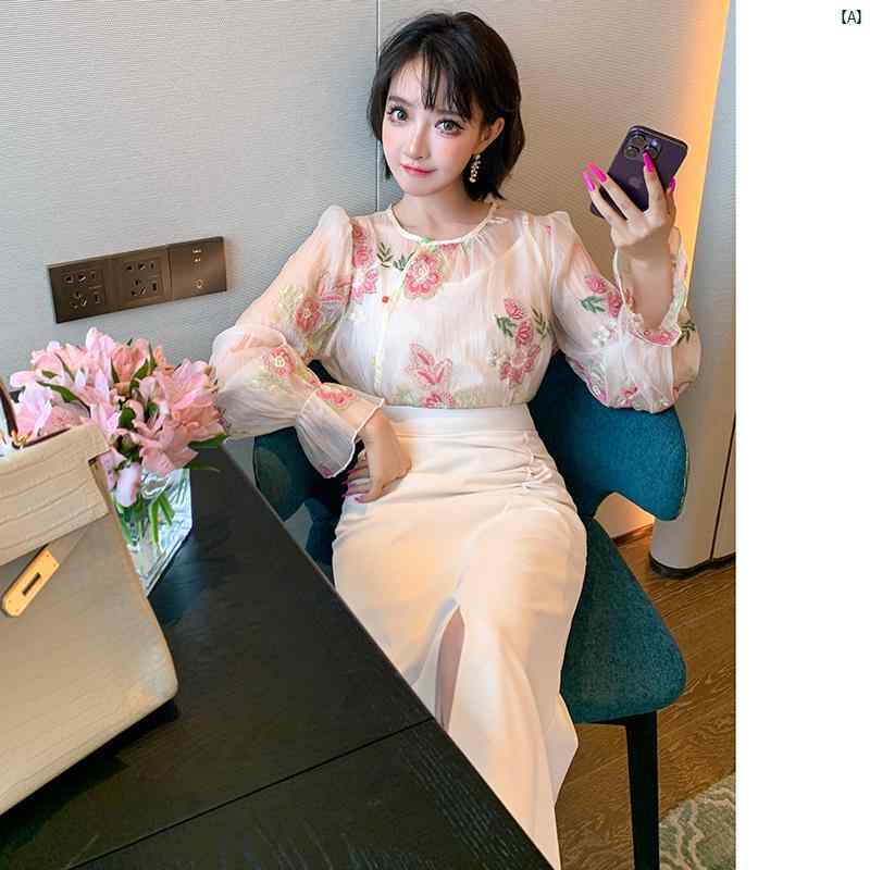 レディース 夏 コーデ ファッション 春 秋 MIUCO アンティーク 中華風 シースルー 糸 刺繍 ラウンドネック ビーズ ボタン 斜め 前立て シャツ