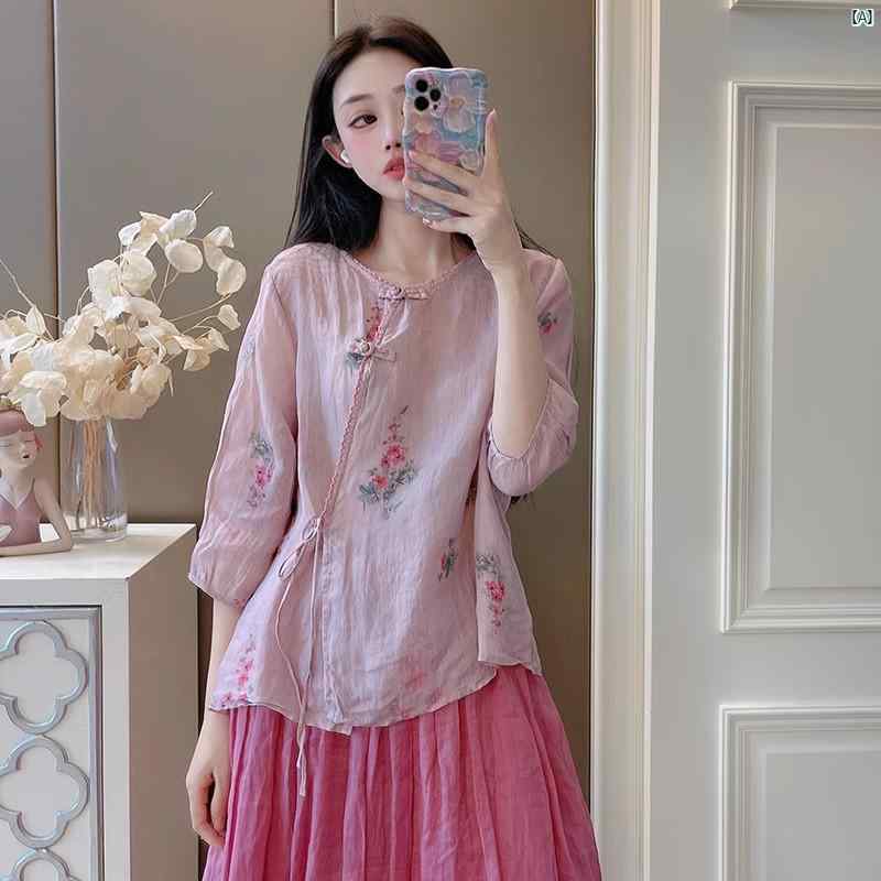 レディース 夏 コーデ ファッション 春 秋 中国 瞑想 ラミー プリント シャツ レディース 夏 カジュアル レトロ ボタン レースアップ コットン リネン 茶師服 トップ