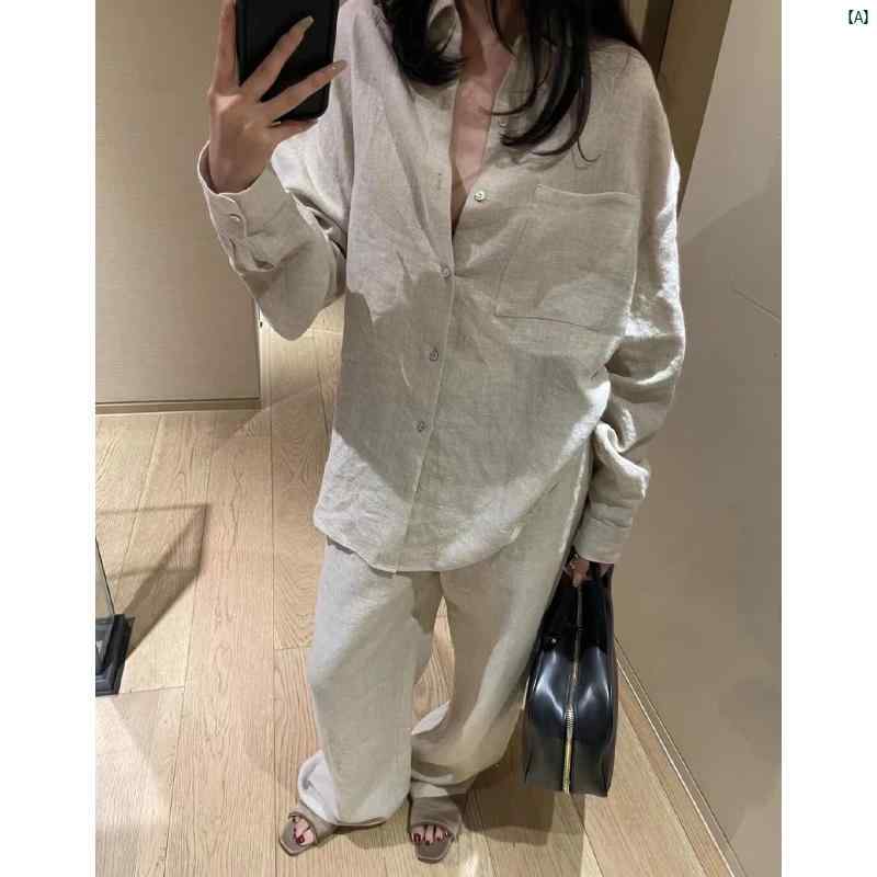 レディース　夏　コーデ　ファッション　春　秋 オールド マネー リネンシャツ セット 秋 レディース カジュアル たり トップ ワイド レッグ パンツ 2点