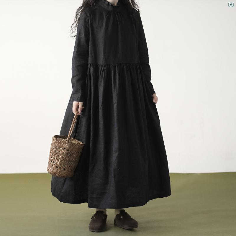 レディース　夏　コーデ　ファッション　春　秋 ブラック リネン ドレス レディース 秋 レース 襟 長袖 シャツ 小柄 文学 ロング