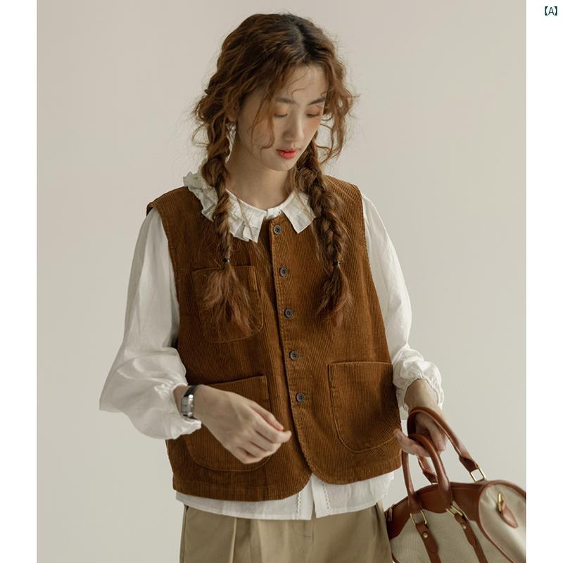 レディース　夏　コーデ　ファッション　春　秋 レディース コーデュロイ ベスト 秋 和風 レトロ トップ ラウンドネックノースリーブ(4)