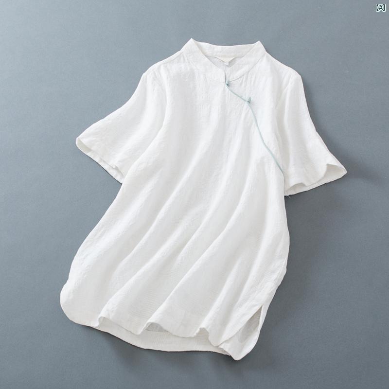 レディース　夏　コーデ　ファッション　春　秋 中華風 ディスク ボタン スタンドカラー トップ 夏 瞑想 茶道 スーツ レディース コットン リネン ジャカード 半袖 シャツ