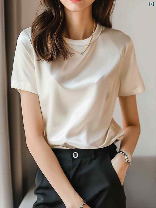 レディース　ファッション　コーデ　春　秋 シャンパン 半袖 Tシャツ レディース ハイエンド アイス アセテート サテン トップ スーツ 内側