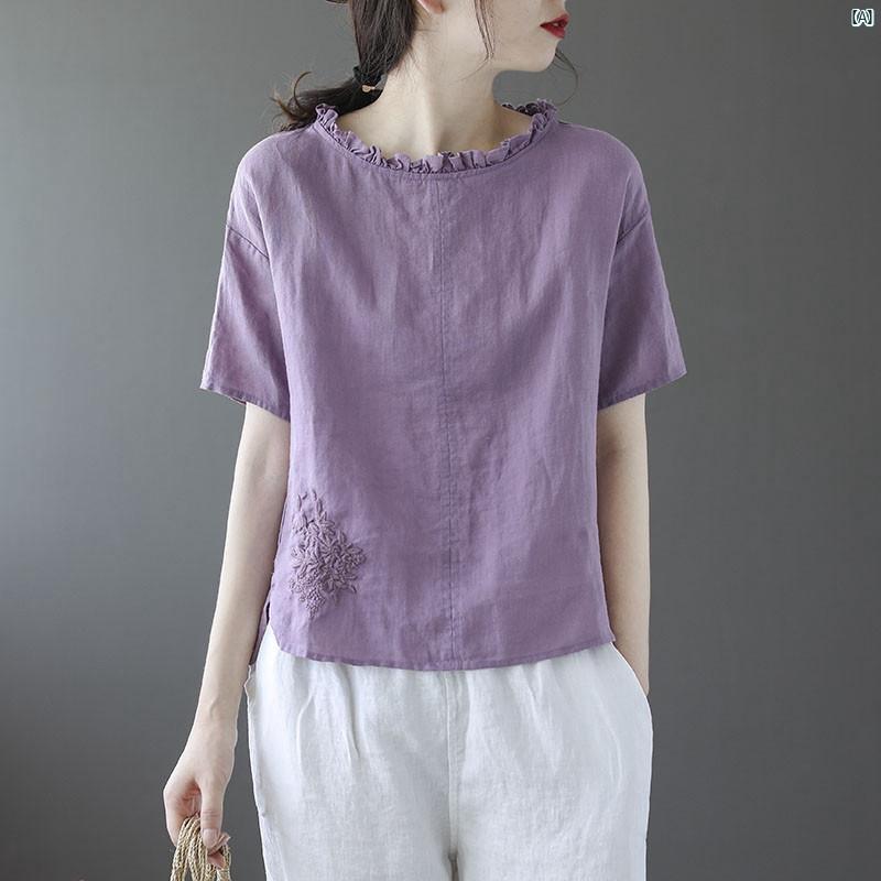 レディース　ファッション　コーデ　春　秋 コットン リネン レディース 夏 中華風 紫 半袖 Tシャツ小柄 シャツ ハイエンド リネン 婦歳服