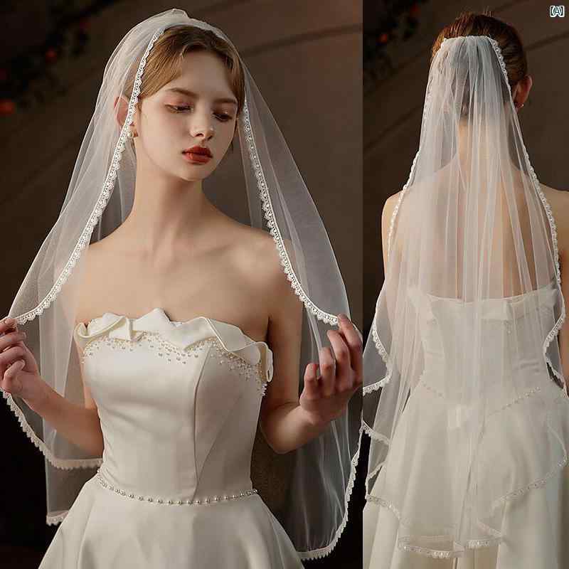 レディース　ファッション　コーデ　小物 フランス 単層 レース ブライダルベール シンプル ホワイト ソフト ガーゼ 結婚式 旅行 写真 スタジ 男性 タイル 頭飾り ショート