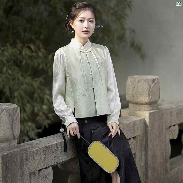 レディース　ファッション　コーデ　春　夏　秋 フローティング ブロケード ネオン 服 秋 スタンドカラー 刺繍 新 中華風 唐装 ベスト 漢服 チョッキ