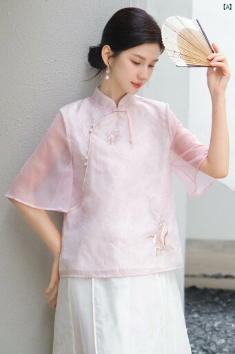 レディース ファッション コーデ 春 夏 秋 蘇 蘭 夏 ピンク 文学 レトロ 半袖 シャツ フェアリー 新 中華風 ショート トップ 茶師服 レディース ファッション コーデ 春 夏 秋 蘇 蘭 夏 ピンク 文学 レトロ 半袖 シャツ フェアリー 新 中華風 ショート トップ 茶師服