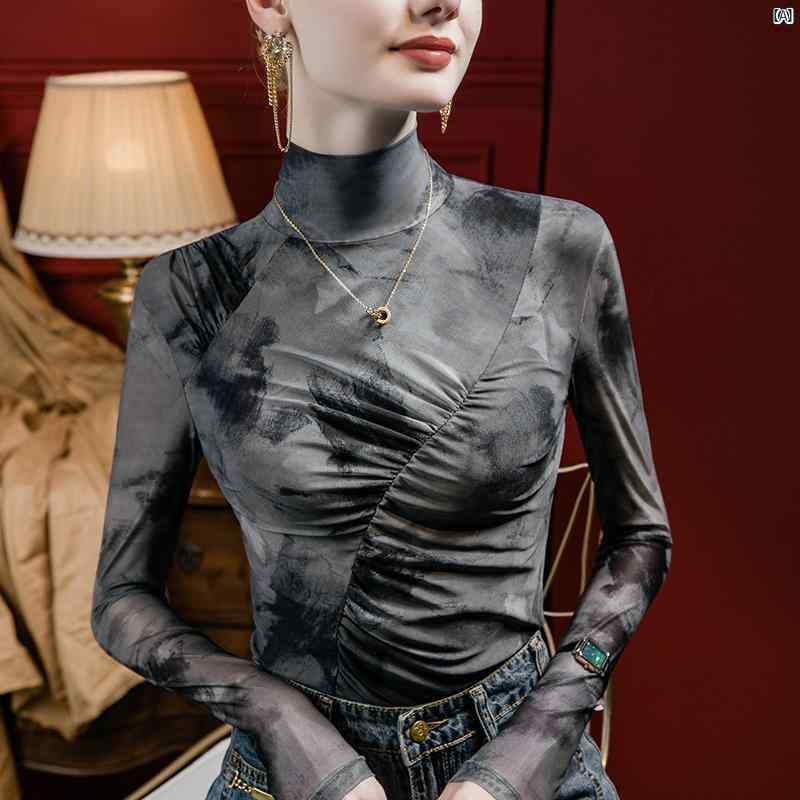 レディース ファッション コーデ 春 秋 タイダイ柄 プリント メッシュ ハーフ タートルネックシャツ レディース 秋新 プリーツ Tシャツ トップ