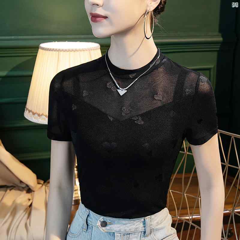 レディース　ファッション　コーデ　春　秋 秋新 スタンドカラー レース Tシャツ レディース スリム