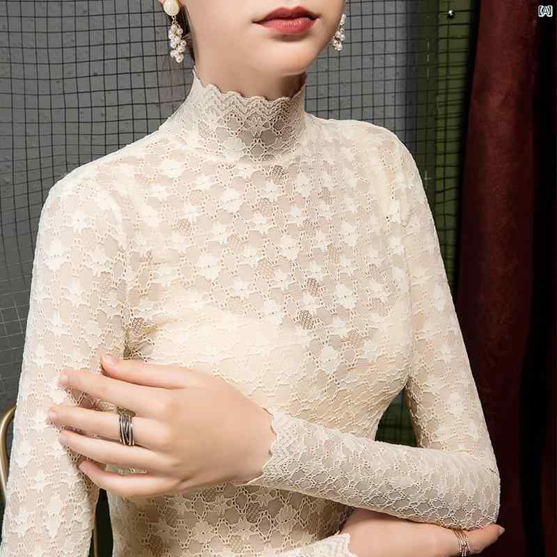 レディース　ファッション　コーデ　春　夏　秋 秋新 レース シャツ レディース スリムフィット ハイネック 西洋 魅惑的 ストレッチレース