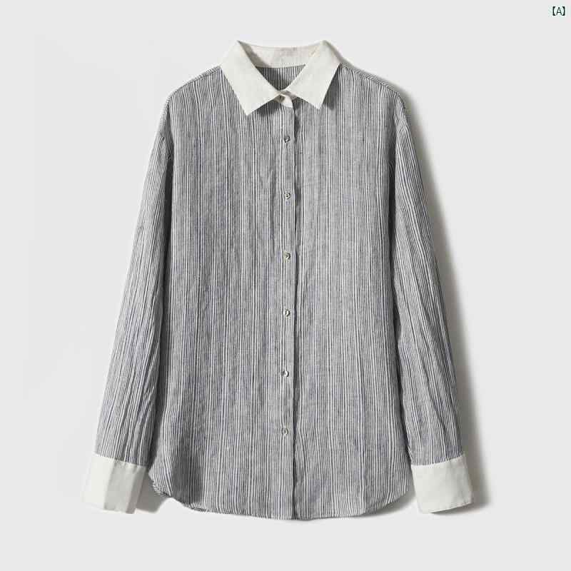 楽天プライムズ商店レディース　ファッション　コーデ　春　夏　秋 Xiaohange エレガント フレンチカラー 袖口 コントラスト リネン ストライプシャツ CYC 793938 AL