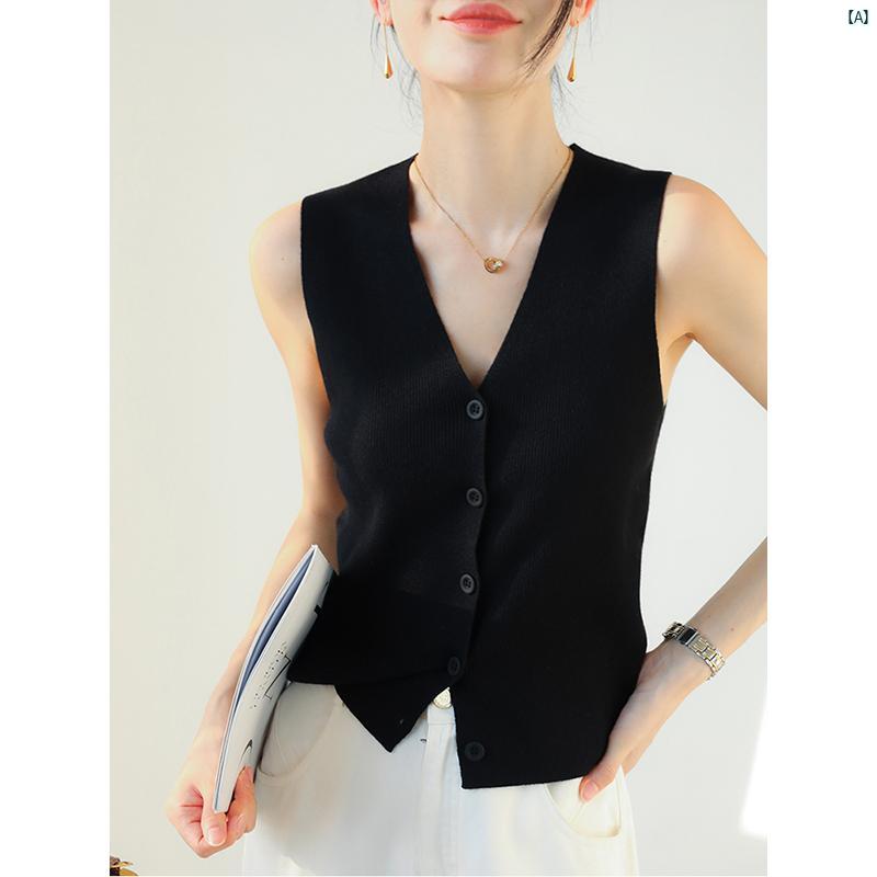 レディース　ファッション　レディース　オシャレ　コーデ　春　秋　夏 ウール ボタン ワイド ショルダー キャミソール レディース 初秋 レイ ヤード ノースリーブニット ベスト Vネックトップス ブラウンカラー(4)