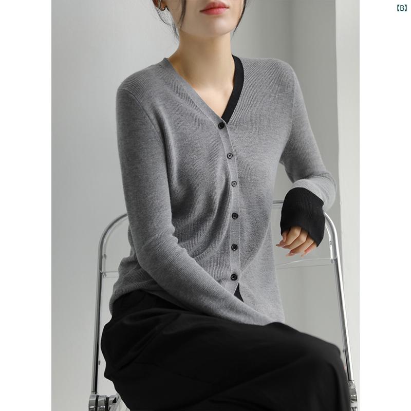 レディース　ファッション　レディース　オシャレ　コーデ　春　秋　夏 カラー ブロック Vネック ウール ニットカーディガン レディース 秋冬 スリム レイ ヤード セーター ジャケット ホワイト トップ