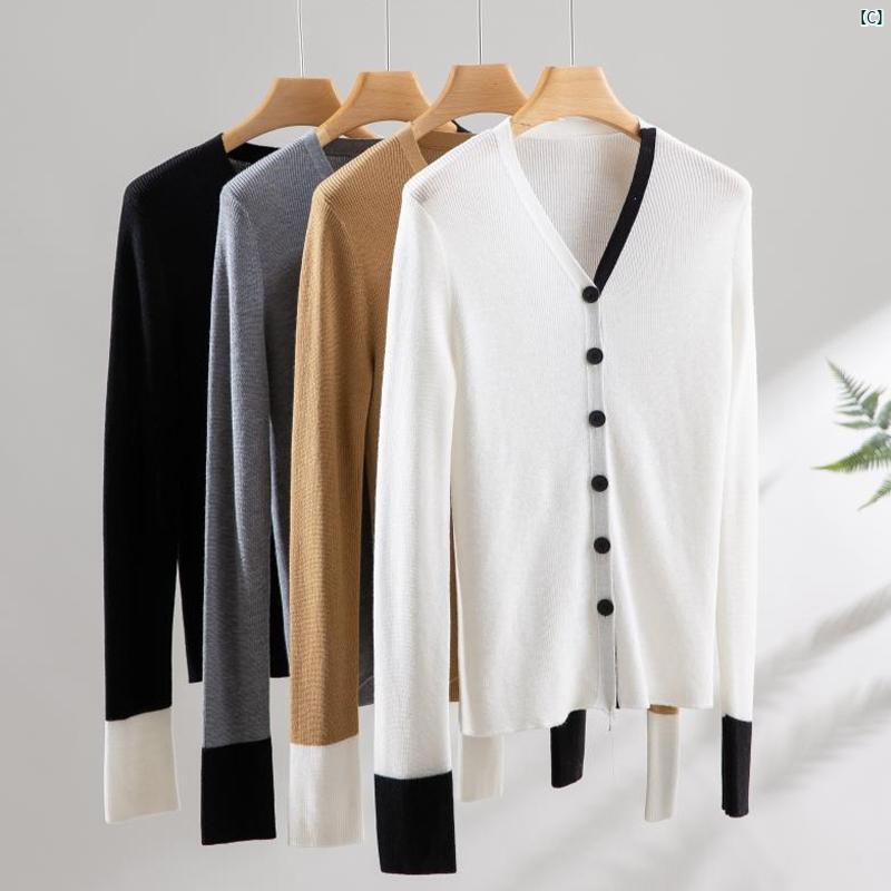 レディース　ファッション　レディース　オシャレ　コーデ　春　秋　夏 カラー ブロック Vネック ウール ニットカーディガン レディース 秋冬 スリム レイ ヤード セーター ジャケット ホワイト トップ