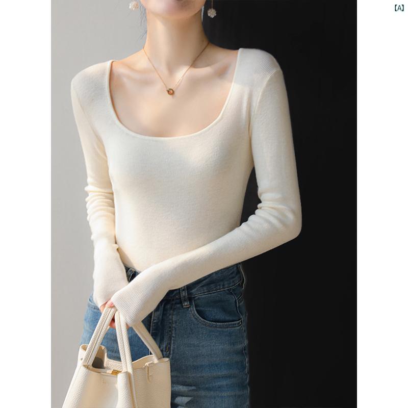 レディース　ファッション　レディース　オシャレ　コーデ　春　秋　夏 スクエアネック スリム 長袖 羊 ウール プルオーバー セーター レディース 初秋 ホワイト ハイエンド