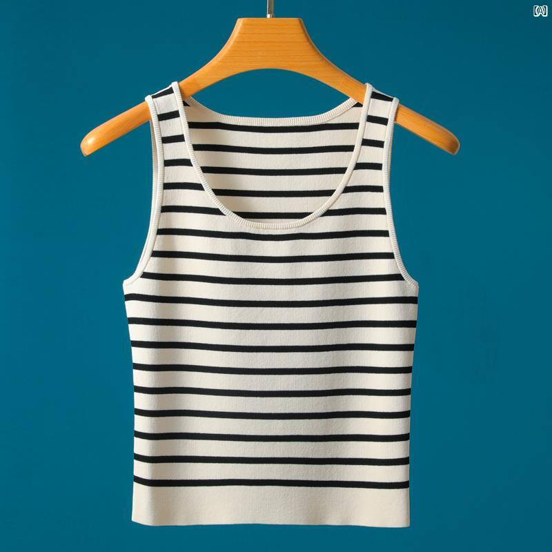 レディース　ファッション　コーデ　春　夏　秋 ブラック ホワイトストライプ 冷感 ニットキャミソール..