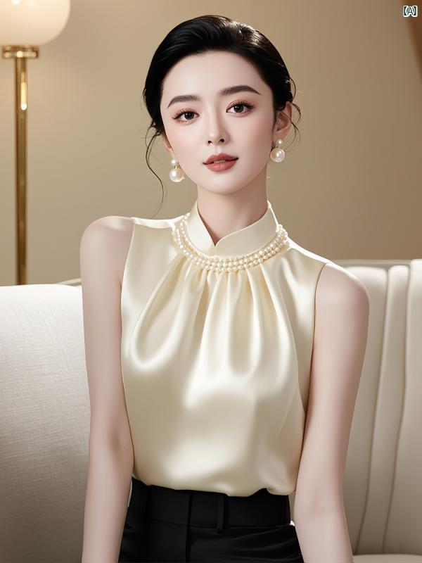 レディース　ファッション　コーデ　春　夏　秋 フレンチ レディース ホワイトサテン シャツ サマー 高級 ヨーロピアン ユニーク ノースリーブ トップス(4)