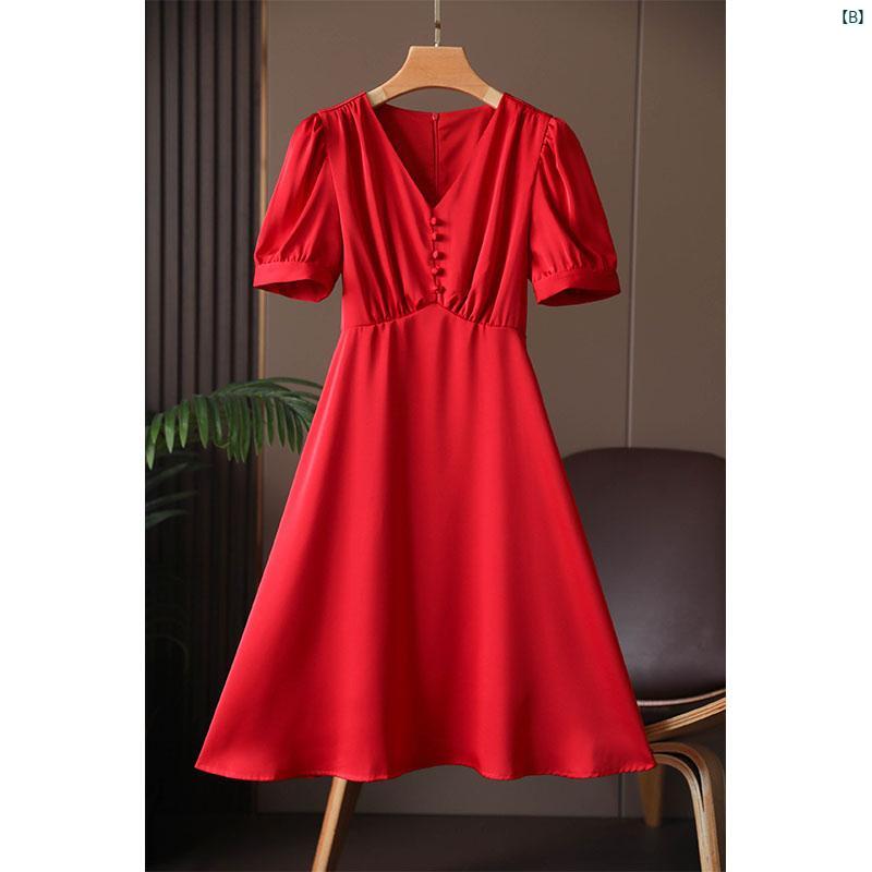 レディース　ファッション　コーデ　春　夏　秋 吊り 魂 すべて パターン中 フレンチ パフスリーブ Vネック ウエスト レッド シフォン ドレス レディース