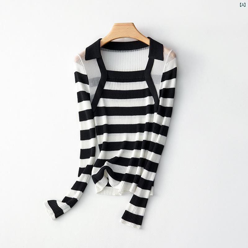 レディース　ファッション　レディース　オシャレ　コーデ　春　秋　夏 スプライシング 満載 フレンチスクエア ネック ほん り シースルーオー ガンジー ストライプセーター トップ