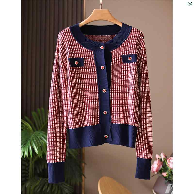 レディース　ファッション　レディース　オシャレ　コーデ　春　秋　夏 Mijia 本当 見栄え 良く クラシック レトロ レッド チェック柄 レディース ニットカーディガン ジャケット す