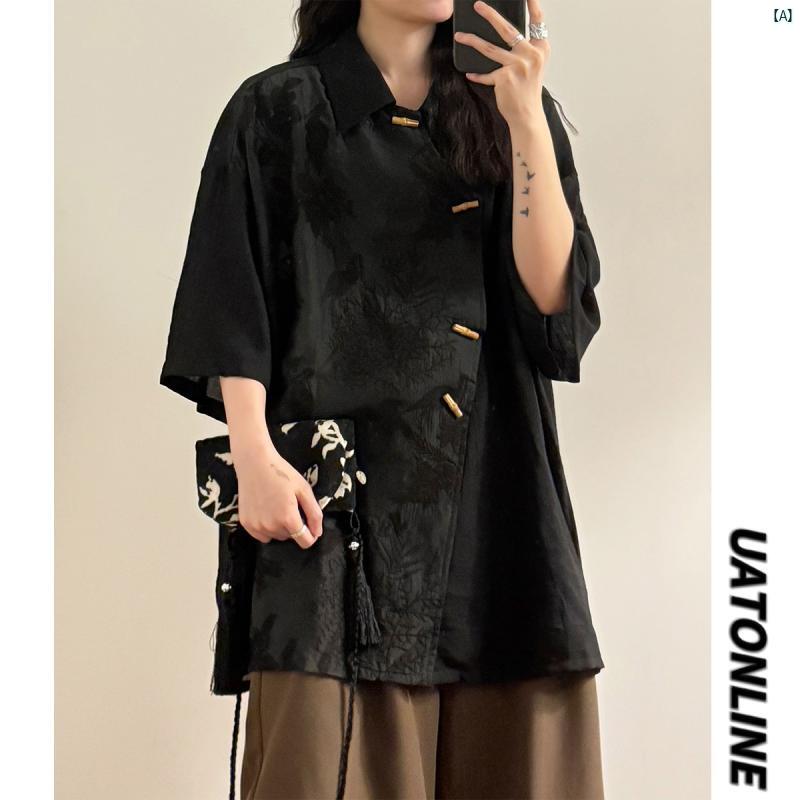 レディース　ファッション　レディース　オシャレ　コーデ　春　秋　夏 UATONLINE新 レトロ 新 中華風 竹 バックル 鶴 刺繍 スプライシング 半袖 シャツ レディース