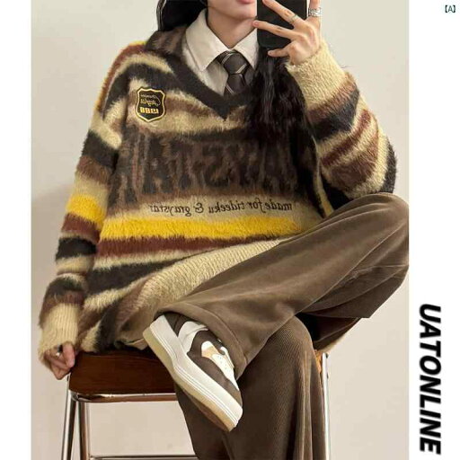 レディース ファッション レディース オシャレ コーデ 春 秋 夏 UATONLINE 秋冬 アメリカン レトロ コントラスト ストライプ レター ジャカード スポーツ セーター レディース レディース ファッション レディース オシャレ コーデ 春 秋 夏 UATONLINE 秋冬 アメリカン レトロ コントラスト ストライプ レター ジャカード スポーツ セーター レディース